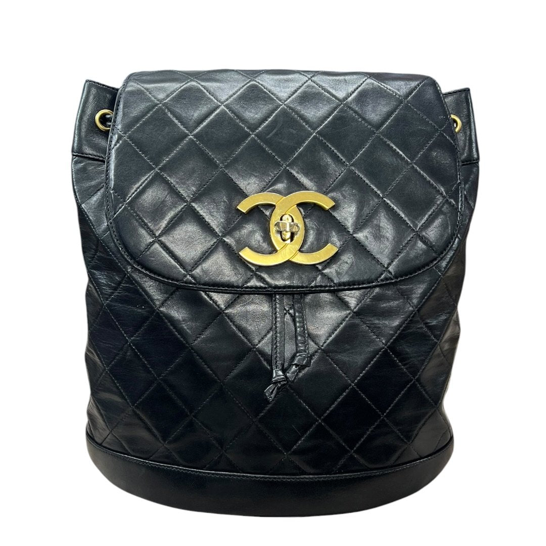CHANEL Lambskin Quilted Drawstring Backpack Backpack Black Gold Hardware NJ124