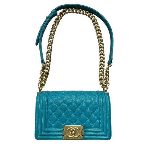 CHANEL Grained Calfskin Boy Bag Shoulder Bag Turquoise Gold Hardware CH2250