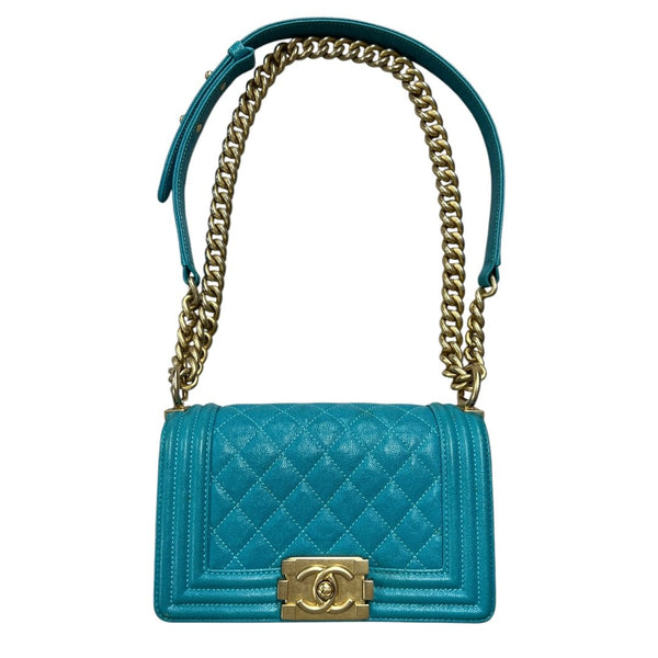 CHANEL Grained Calfskin Boy Bag Shoulder Bag Turquoise Gold Hardware CH2250