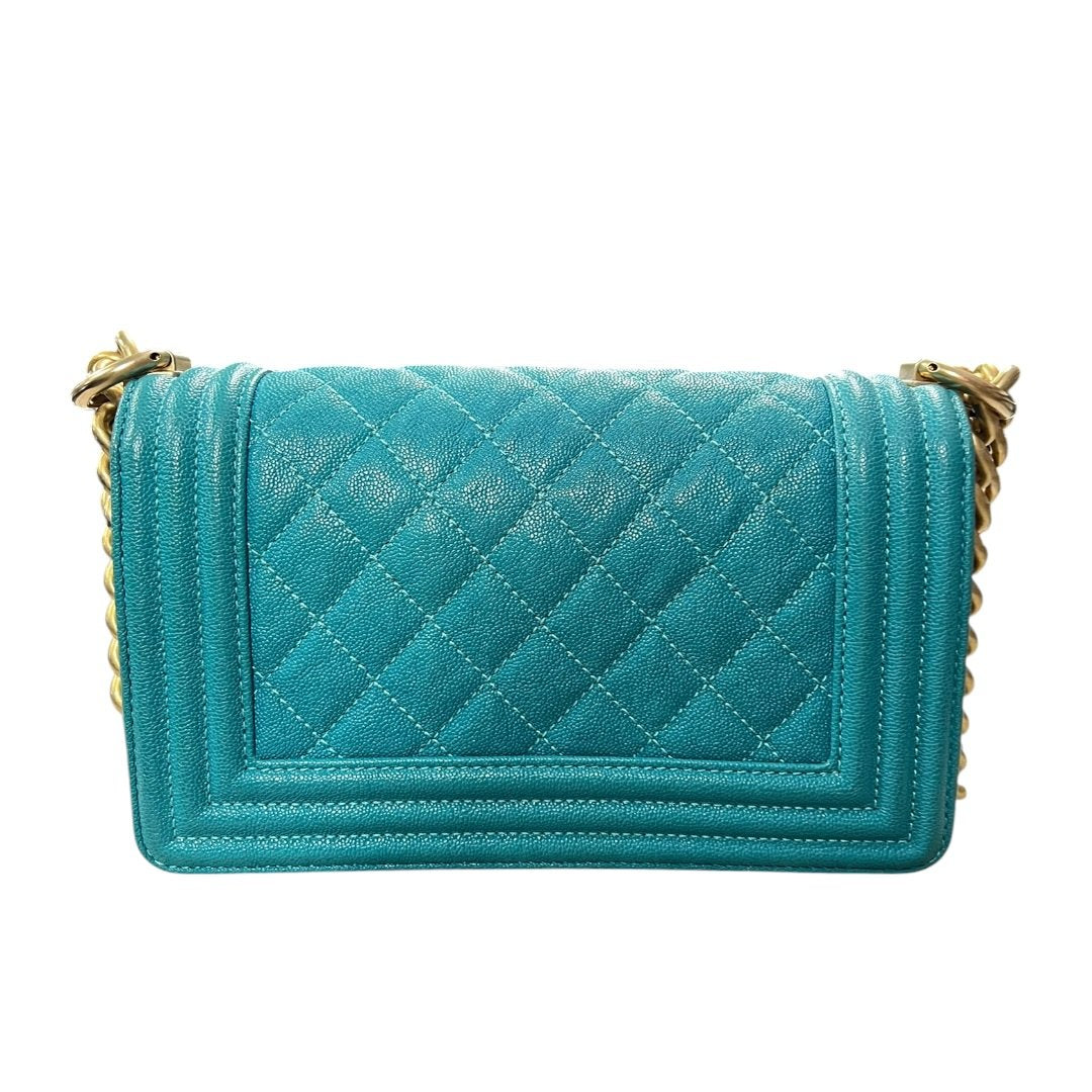 CHANEL Grained Calfskin Boy Bag Shoulder Bag Turquoise Gold Hardware CH2250