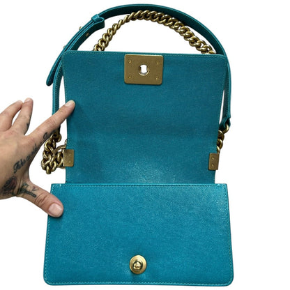 CHANEL Grained Calfskin Boy Bag Shoulder Bag Turquoise Gold Hardware CH2250