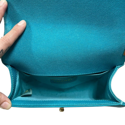 CHANEL Grained Calfskin Boy Bag Shoulder Bag Turquoise Gold Hardware CH2250