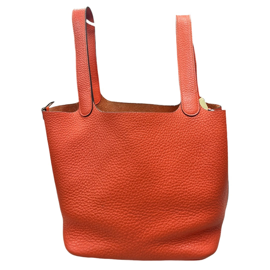 HERMES Clemence Picotin Lock Handbag Orange Silver Hardware KA280