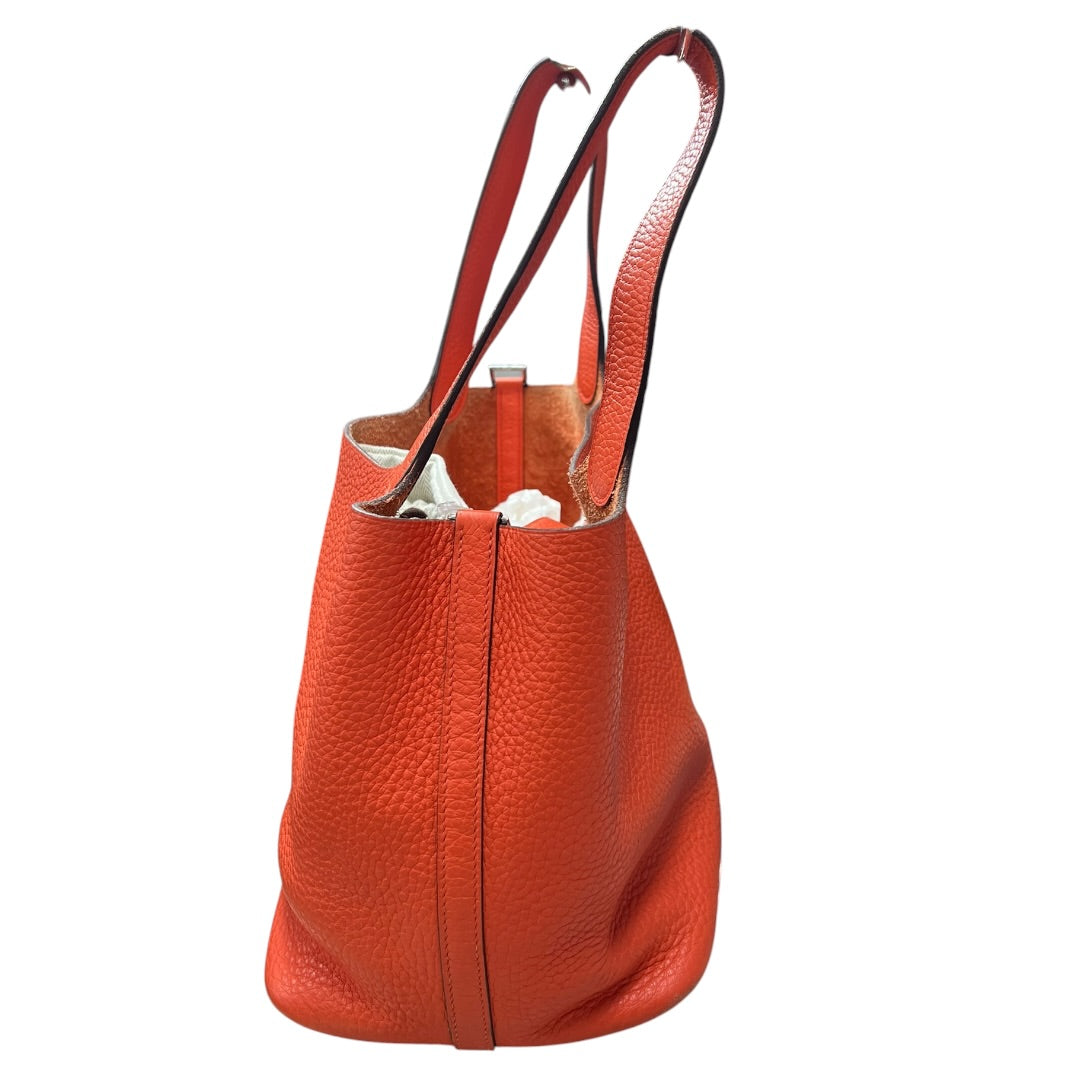 HERMES Clemence Picotin Lock Handbag Orange Silver Hardware KA280