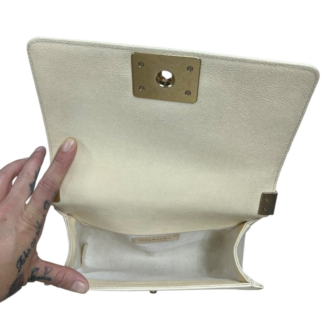CHANEL Caviar Boy Bag Small Shoulder Bag Cream Gold Hardware CH2251