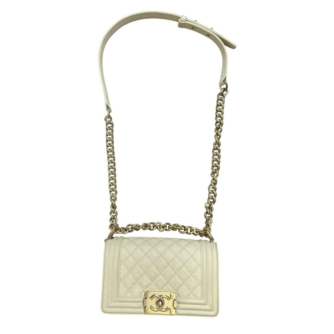 CHANEL Caviar Boy Bag Small Shoulder Bag Cream Gold Hardware CH2251