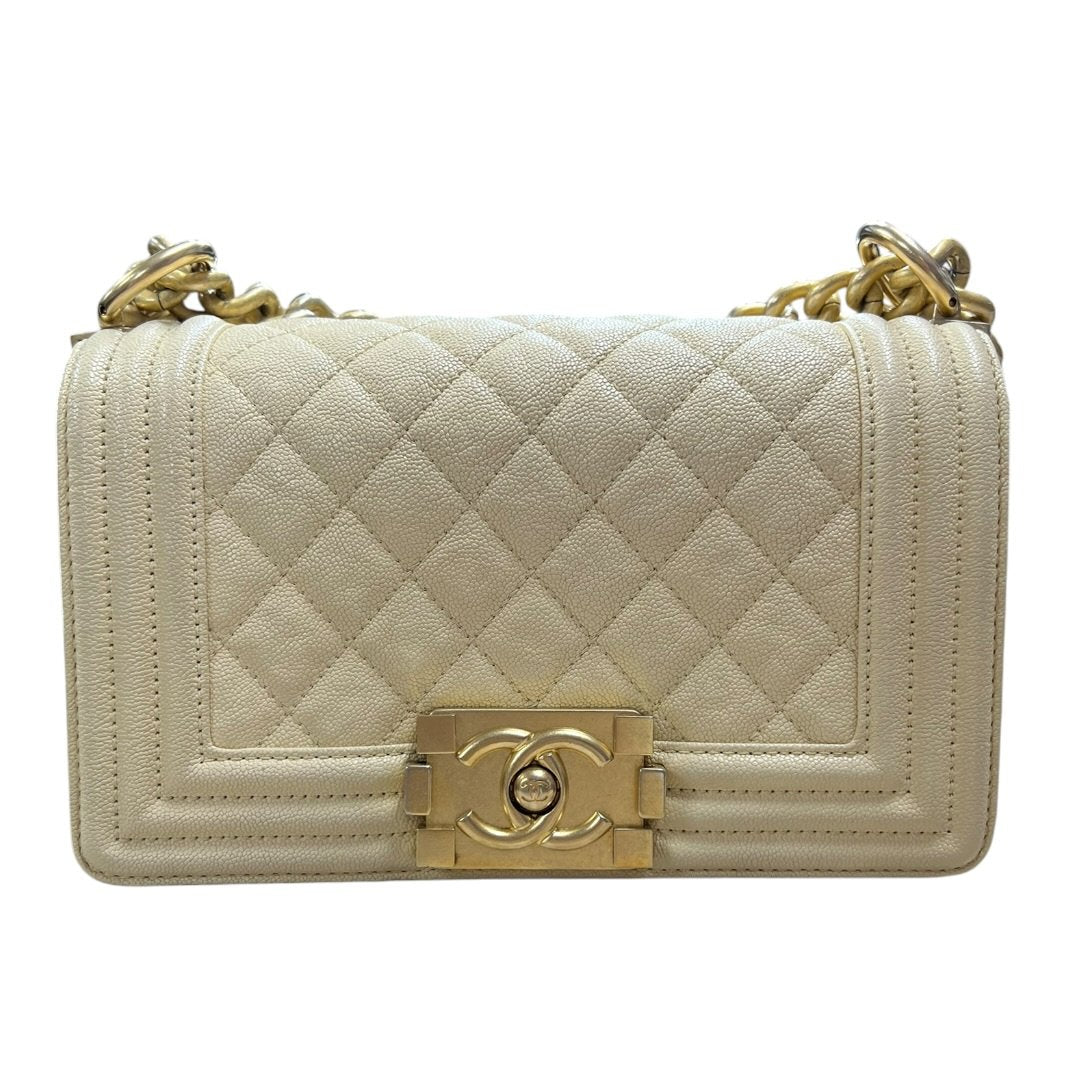CHANEL Caviar Boy Bag Small Shoulder Bag Cream Gold Hardware CH2251