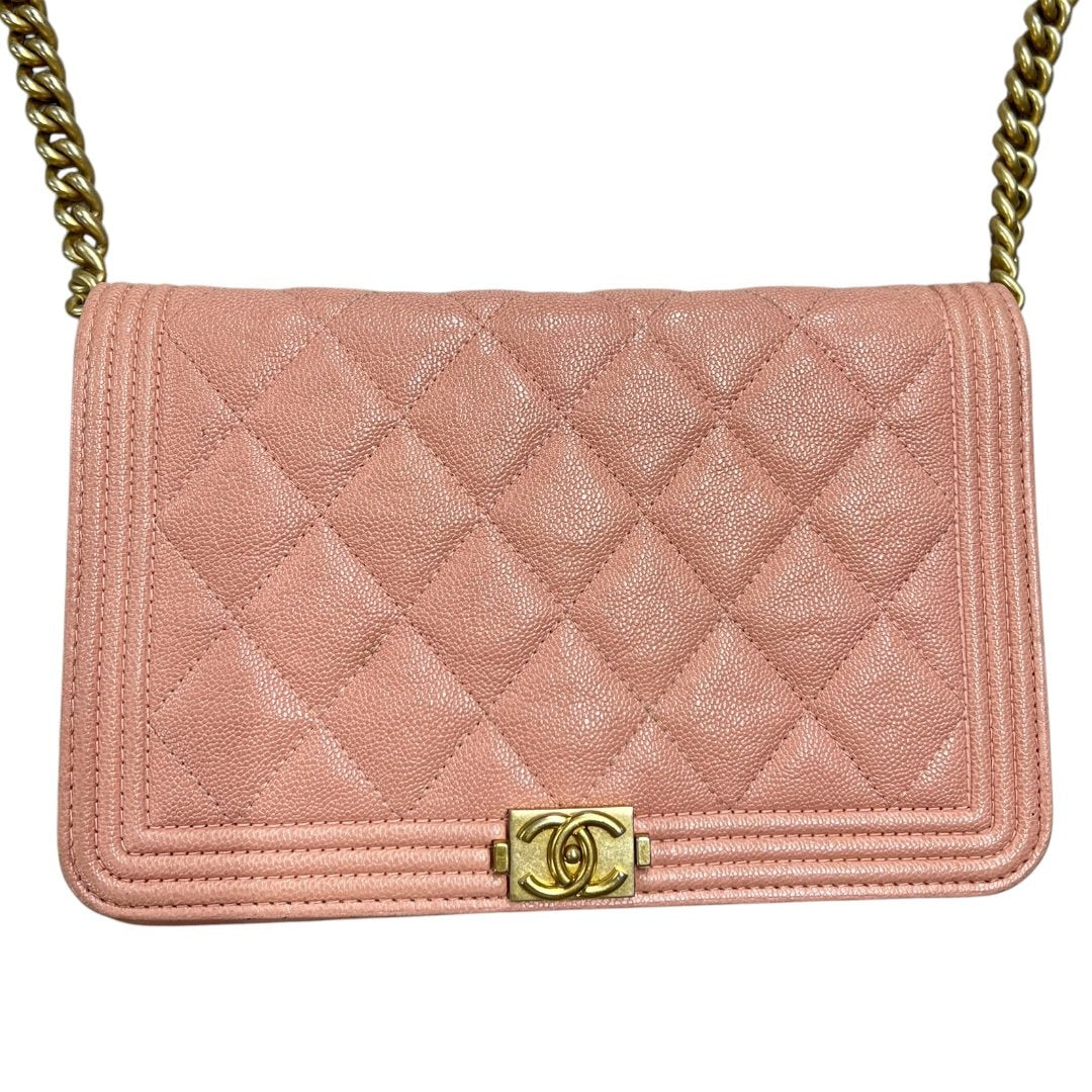 CHANEL Grained Calfskin Boy Wallet on Chain (WOC) Wallet on Chain Pink Gold Hardware CH2252