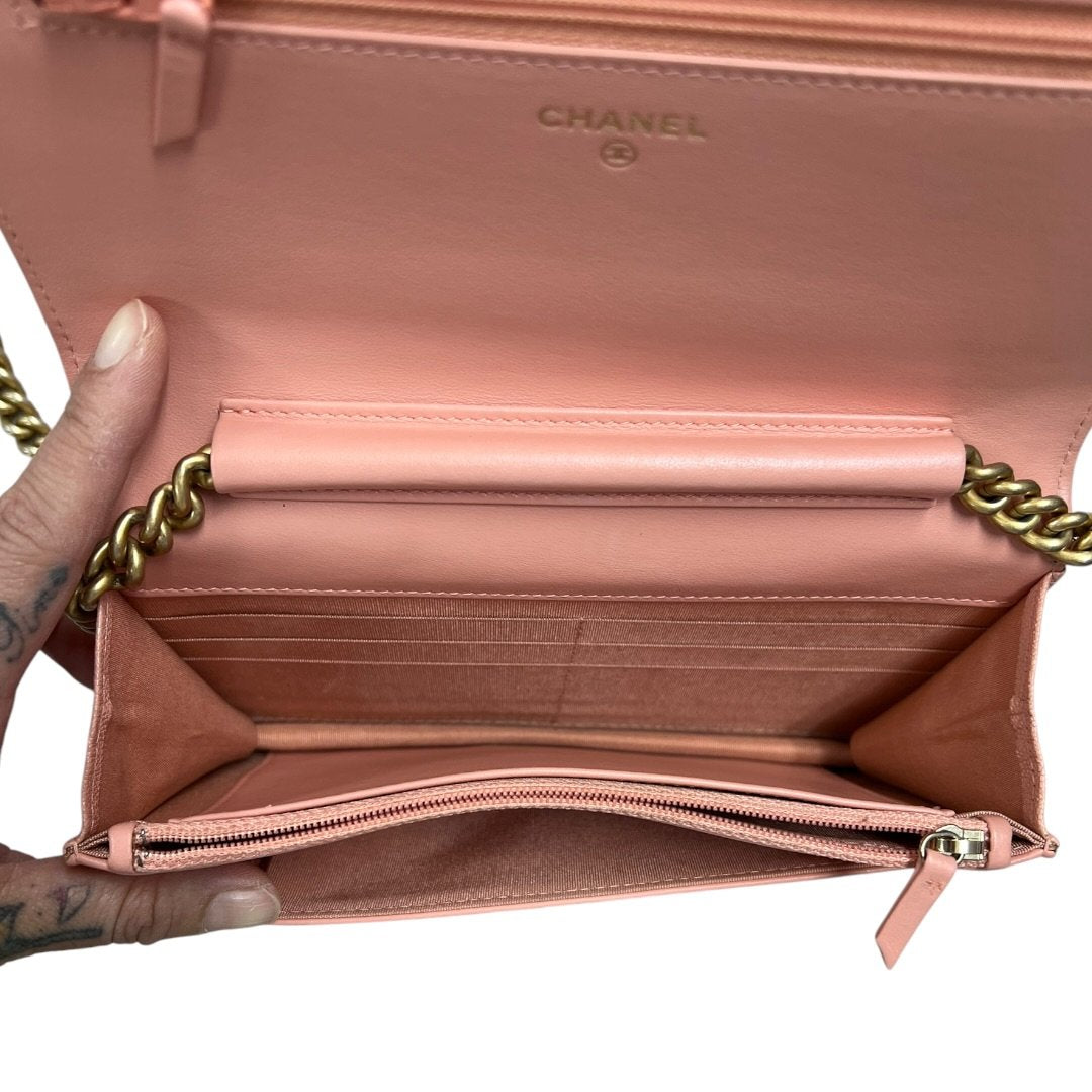 CHANEL Grained Calfskin Boy Wallet on Chain (WOC) Wallet on Chain Pink Gold Hardware CH2252