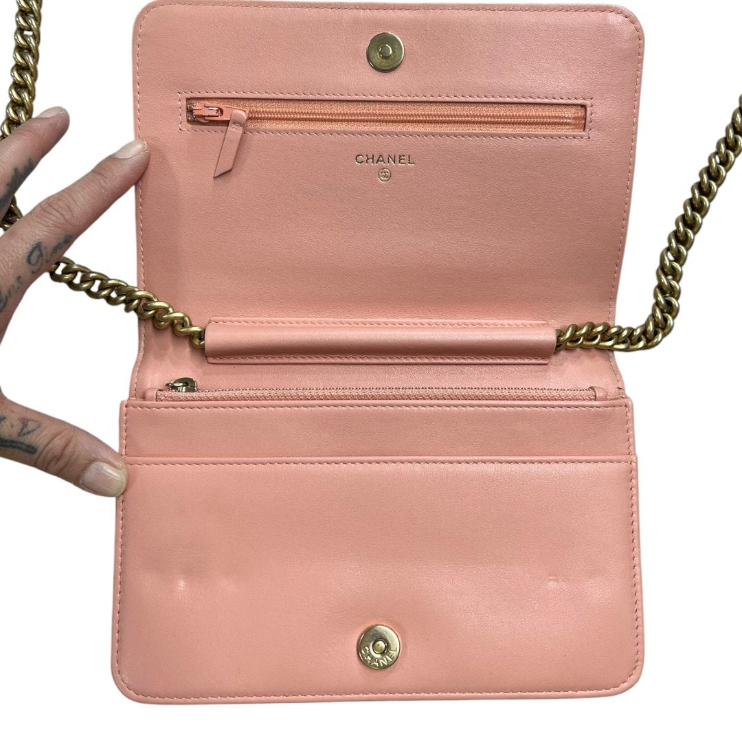 CHANEL Grained Calfskin Boy Wallet on Chain (WOC) Wallet on Chain Pink Gold Hardware CH2252