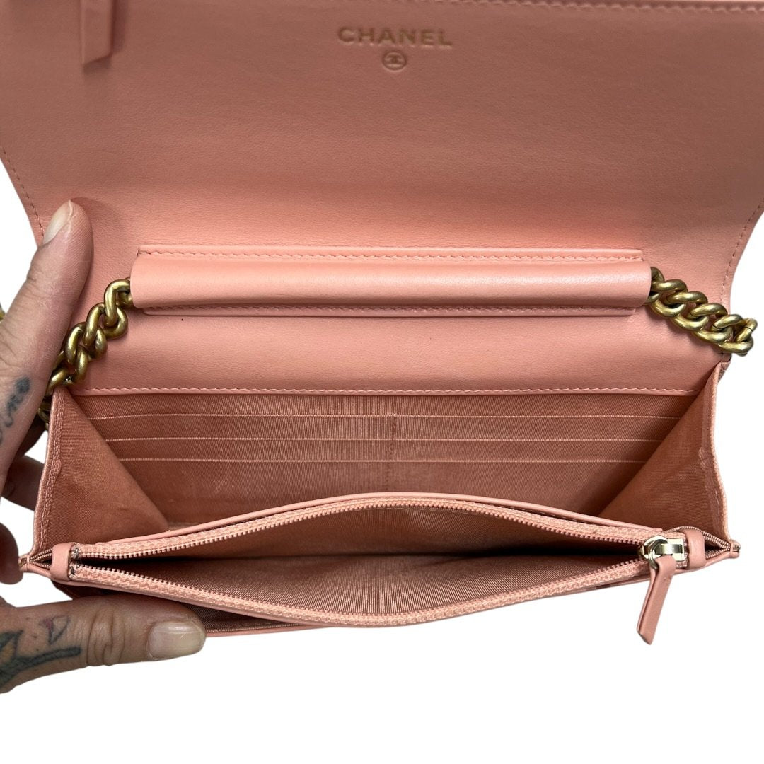 CHANEL Grained Calfskin Boy Wallet on Chain (WOC) Wallet on Chain Pink Gold Hardware CH2252