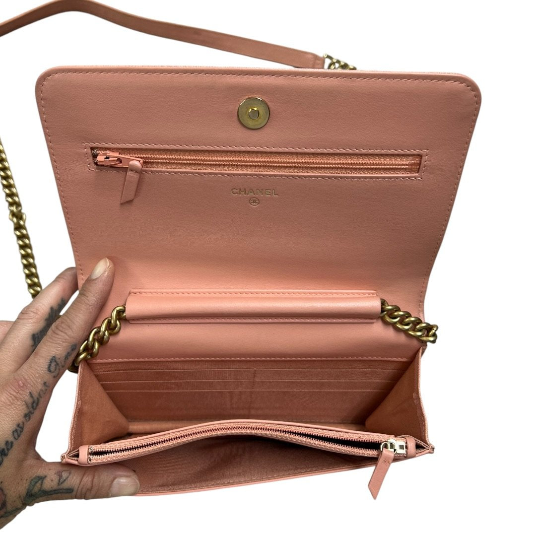 CHANEL Grained Calfskin Boy Wallet on Chain (WOC) Wallet on Chain Pink Gold Hardware CH2252