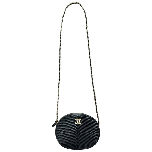CHANEL Lambskin Round Camera Bag Shoulder Bag Black Gold Hardware CH2255