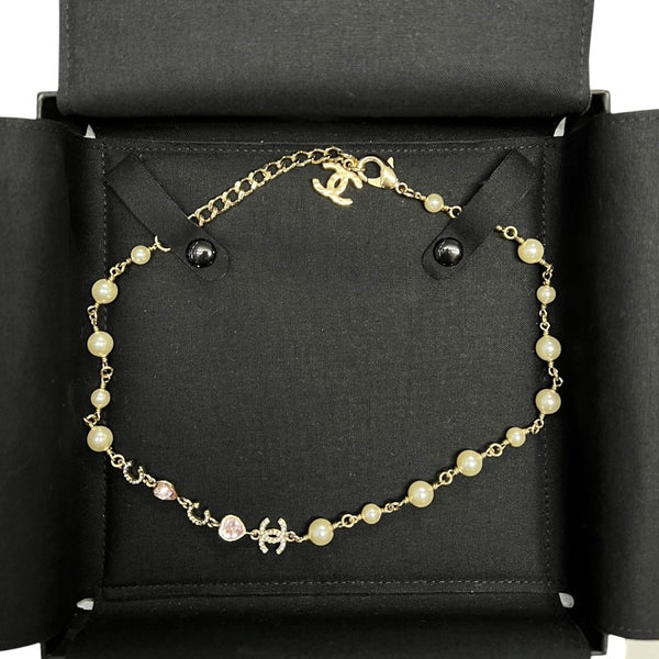CHANEL Gold-tone, Pearl, Stone Choker Necklace Gold, Pearl White, Pink Gold Hardware TK59