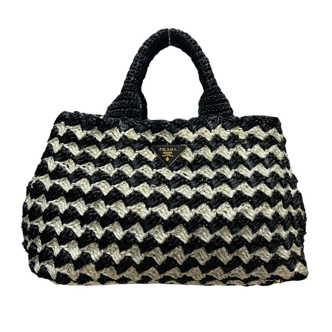 PRADA Raffia Raffia Handbag Handbag Black and White Gold Hardware TK58