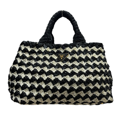 PRADA Raffia Raffia Handbag Handbag Black and White Gold Hardware TK58