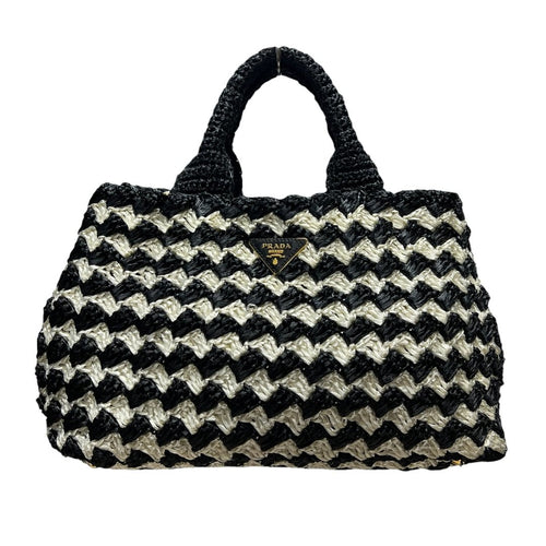 PRADA Raffia Raffia Handbag Handbag Black and White Gold Hardware TK58