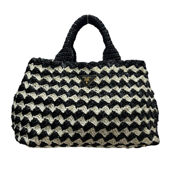 PRADA Raffia Raffia Handbag Handbag Black and White Gold Hardware TK58
