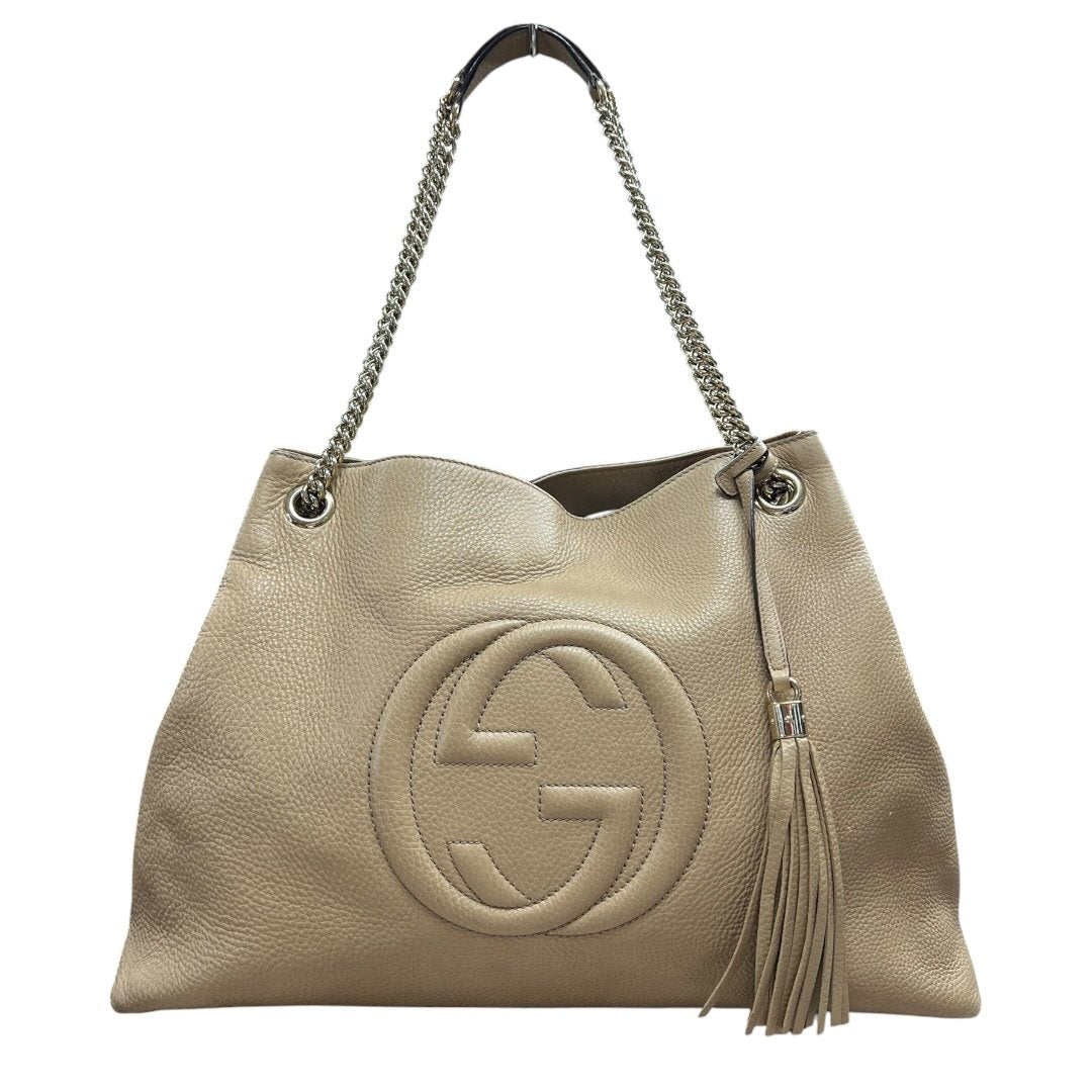 GUCCI Grained Leather Soho Chain Tote Shoulder Bag Beige Silver Hardware TK54