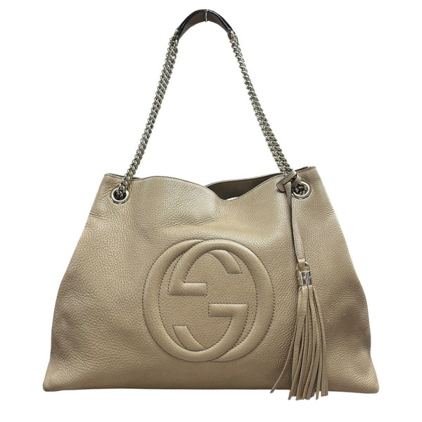 GUCCI Grained Leather Soho Chain Tote Shoulder Bag Beige Silver Hardware TK54