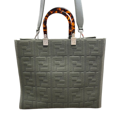 FENDI Knit Fabric and Leather Sunshine Shopper Tote Bag Olive Green Silver Hardware TK74
