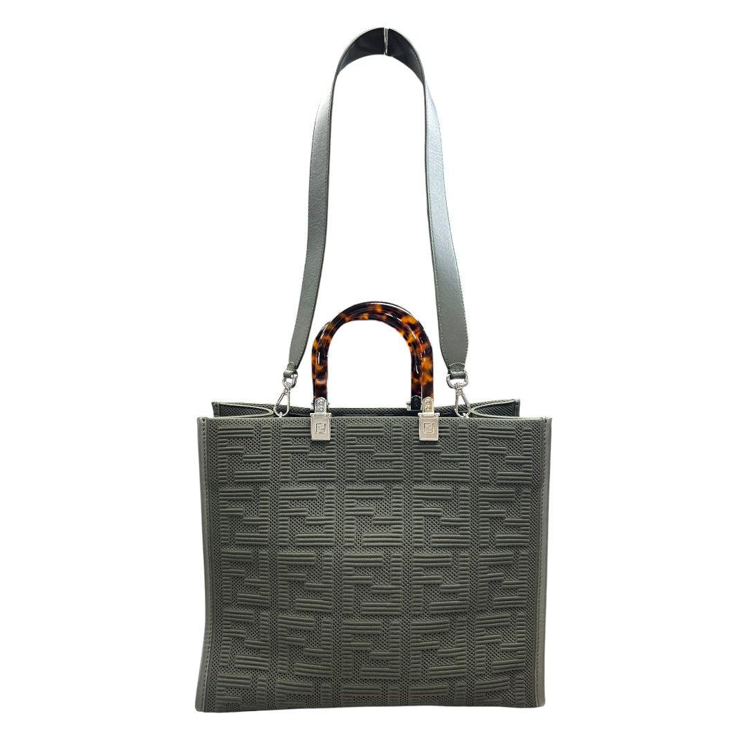 FENDI Knit Fabric and Leather Sunshine Shopper Tote Bag Olive Green Silver Hardware TK74