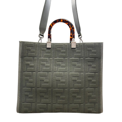 FENDI Knit Fabric and Leather Sunshine Shopper Tote Bag Olive Green Silver Hardware TK74