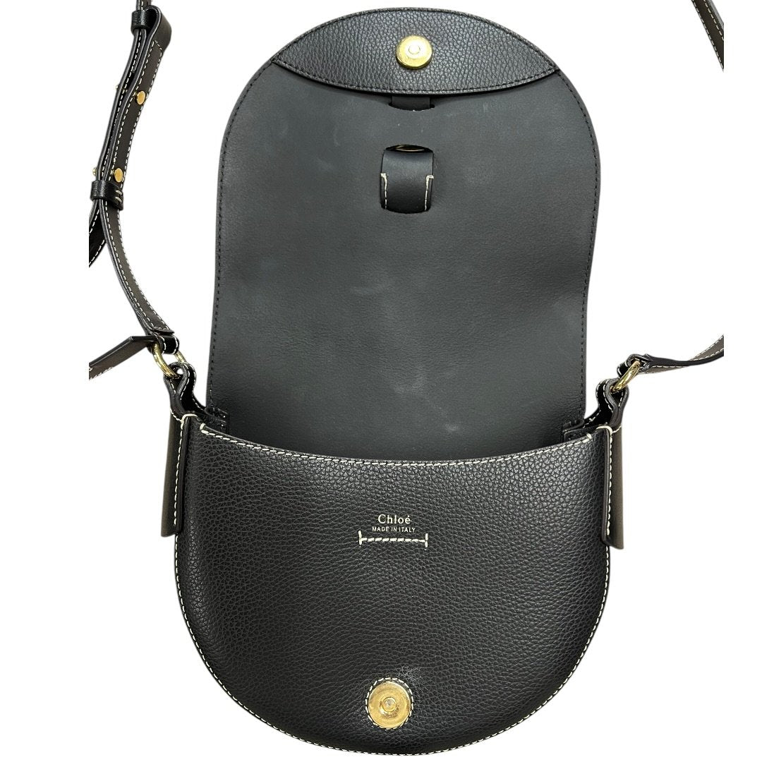 CHLOÉ Grained Calfskin Darryl Small Saddle Bag Shoulder Bag Black Gold Hardware TK76