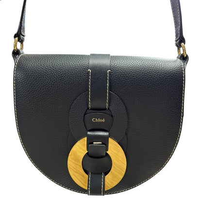 CHLOÉ Grained Calfskin Darryl Small Saddle Bag Shoulder Bag Black Gold Hardware TK76