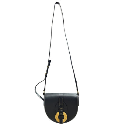 CHLOÉ Grained Calfskin Darryl Small Saddle Bag Shoulder Bag Black Gold Hardware TK76