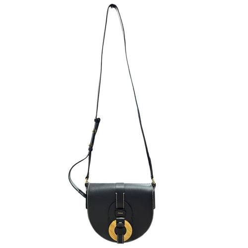 CHLOÉ Grained Calfskin Darryl Small Saddle Bag Shoulder Bag Black Gold Hardware TK76