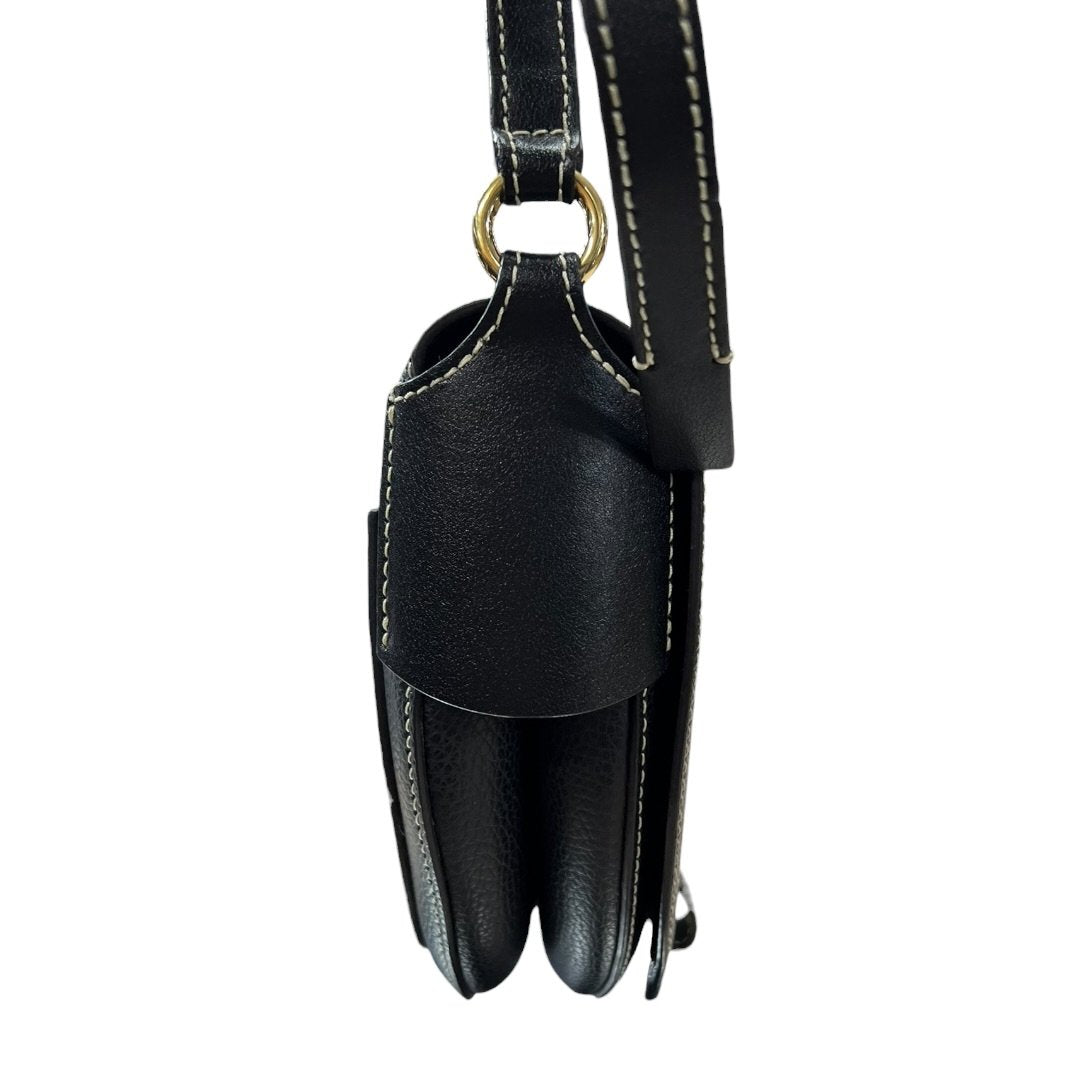 CHLOÉ Grained Calfskin Darryl Small Saddle Bag Shoulder Bag Black Gold Hardware TK76