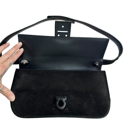SALVATORE FERRAGAMO Suede Gancini Flap Shoulder Bag Shoulder Bag Black Silver Hardware TK61