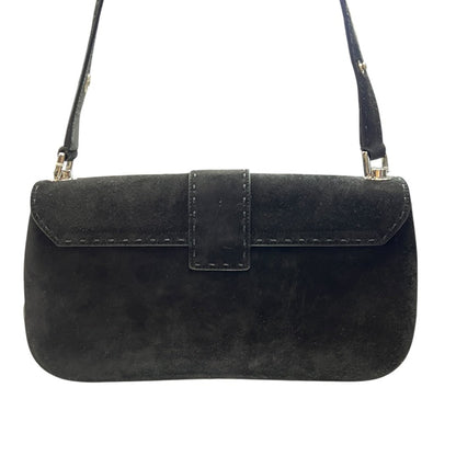 SALVATORE FERRAGAMO Suede Gancini Flap Shoulder Bag Shoulder Bag Black Silver Hardware TK61