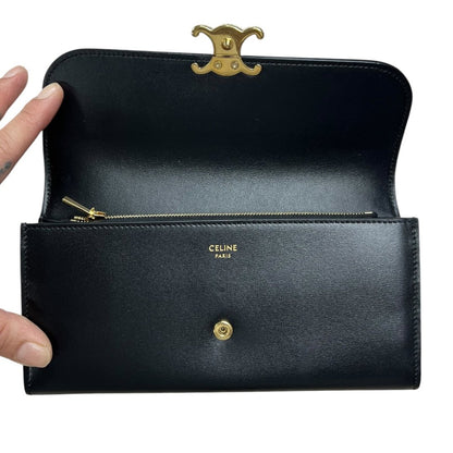 CELINE Smooth Leather Triomphe Long Wallet Wallet Black Gold Hardware TK56