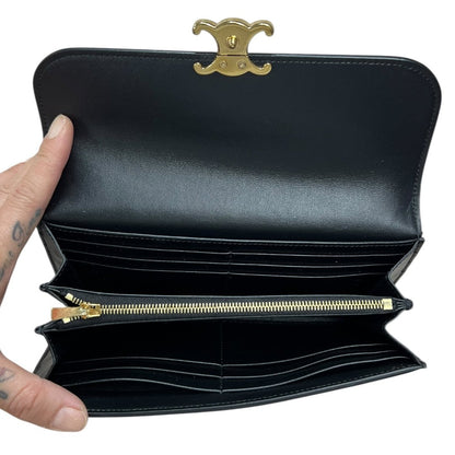 CELINE Smooth Leather Triomphe Long Wallet Wallet Black Gold Hardware TK56