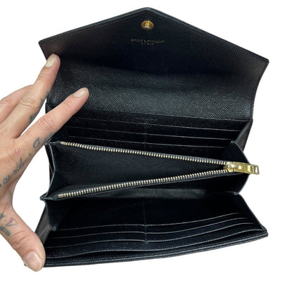 SAINT LAURENT Grain de Poudre Leather Monogram Envelope Wallet Wallet Black Gold Hardware TK66