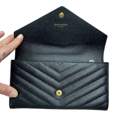 SAINT LAURENT Grain de Poudre Leather Monogram Envelope Wallet Wallet Black Gold Hardware TK66