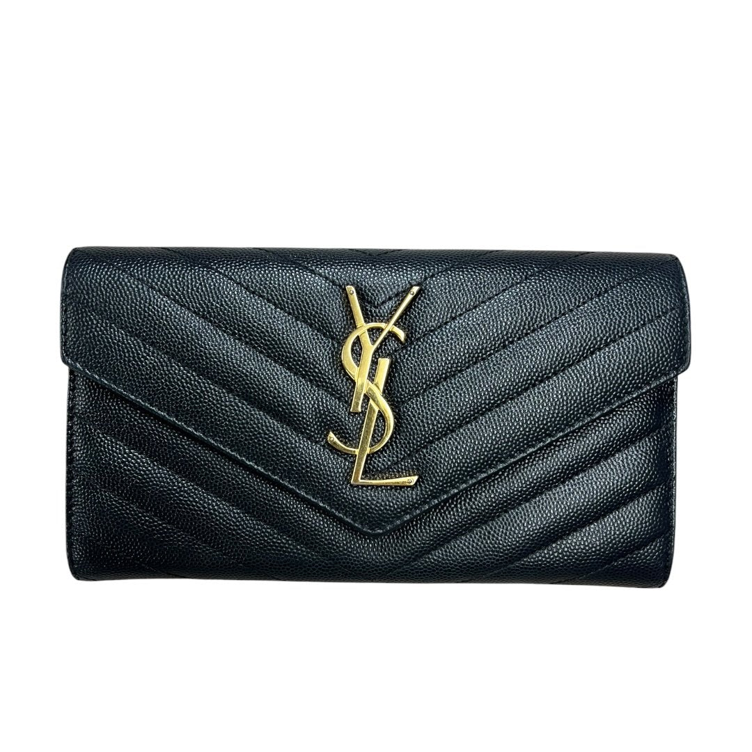 SAINT LAURENT Grain de Poudre Leather Monogram Envelope Wallet Wallet Black Gold Hardware TK66