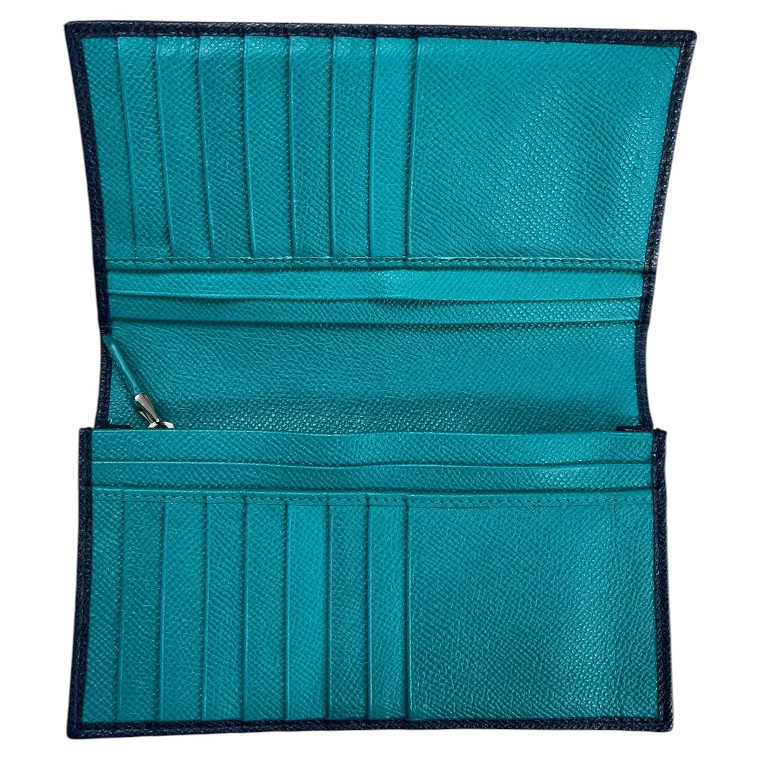 BVLGARI Grained Calf BVLGARI BVLGARI Long Wallet Wallet Dark Blue (exterior), Turquoise (interior) Silver Hardware NJ167