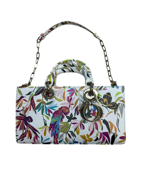 Christian Dior Printed Leather Tropical Print Top Handle Bag Handbag White, Multi-color Silver Hardware JU218