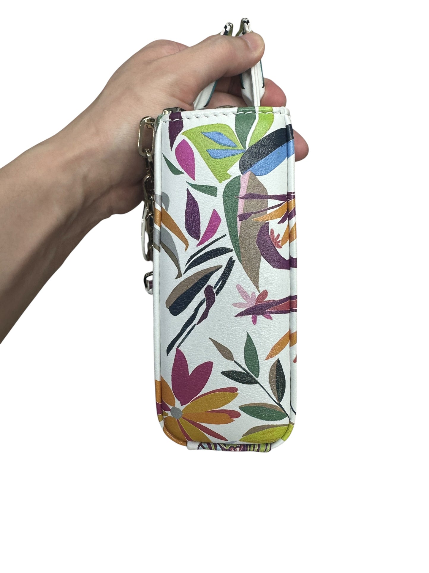 Christian Dior Printed Leather Tropical Print Top Handle Bag Handbag White, Multi-color Silver Hardware JU218
