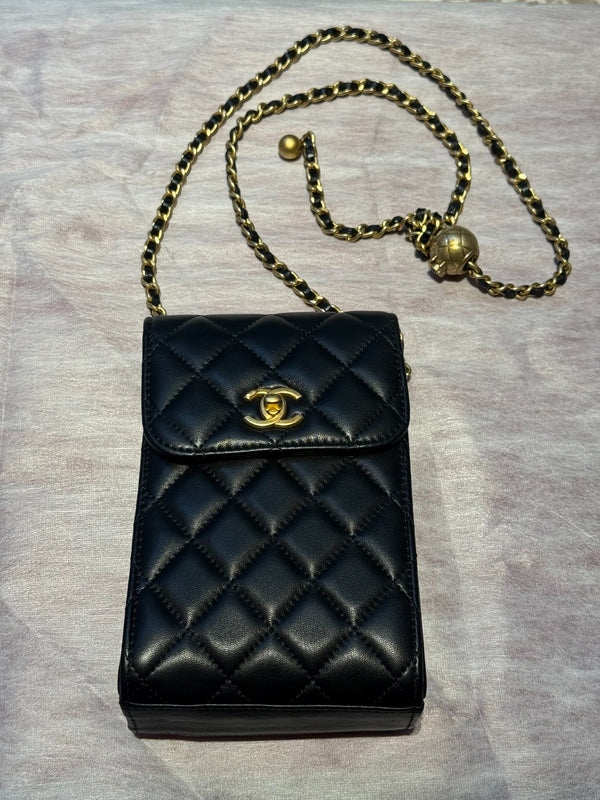 CHANEL Lambskin Pearl Crush Phone Holder Crossbody Bag Black Gold Hardware Ch2288