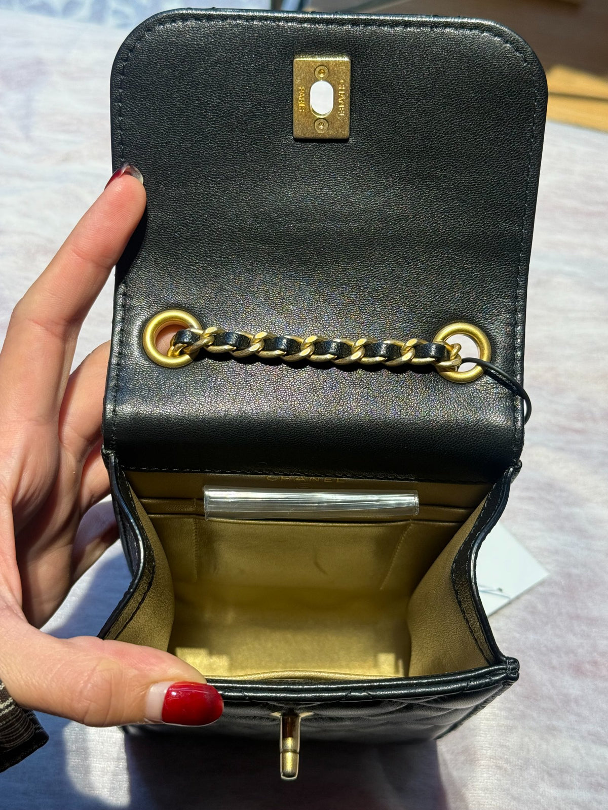 CHANEL Lambskin Pearl Crush Phone Holder Crossbody Bag Black Gold Hardware Ch2288