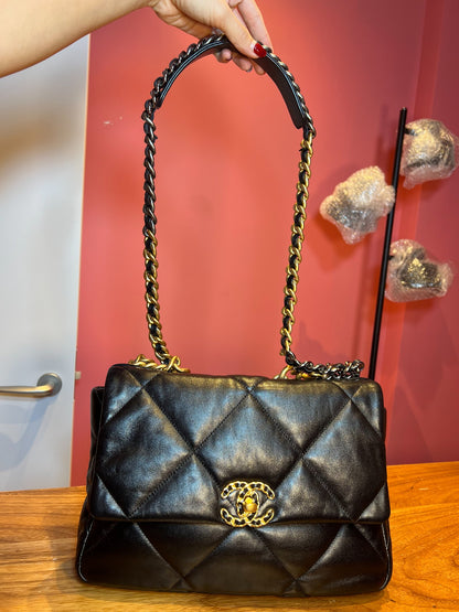 CHANEL Lambskin 19 Flap Bag Shoulder Bag Black Gold and Ruthenium Hardware Ch2287