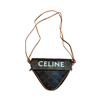 CELINE Canvas, Leather Triomphe Triangle Bag Shoulder Bag Brown, Tan, White Gold-tone Hardware Ce273