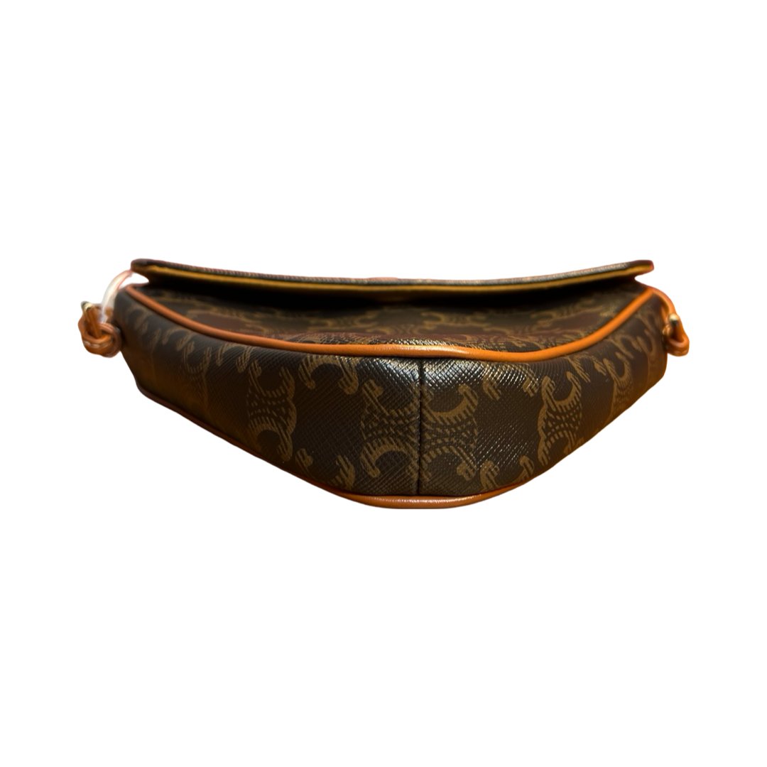 CELINE Canvas, Leather Triomphe Triangle Bag Shoulder Bag Brown, Tan, White Gold-tone Hardware Ce273