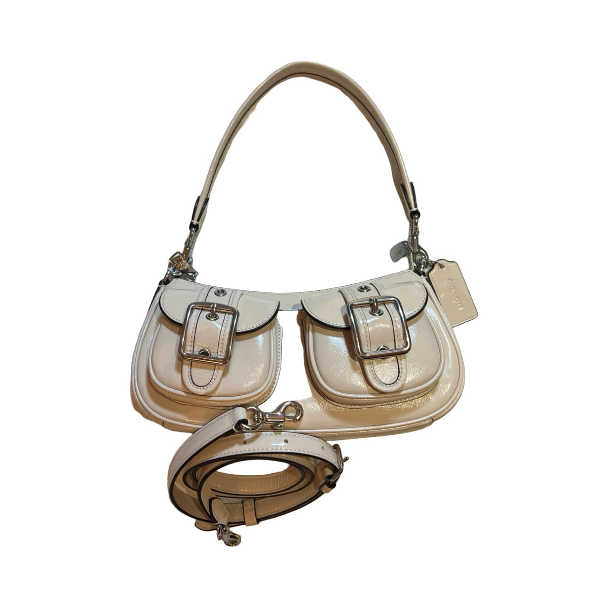 coach Leather Pocket Bag Shoulder Bag Beige Silver Hardware co32