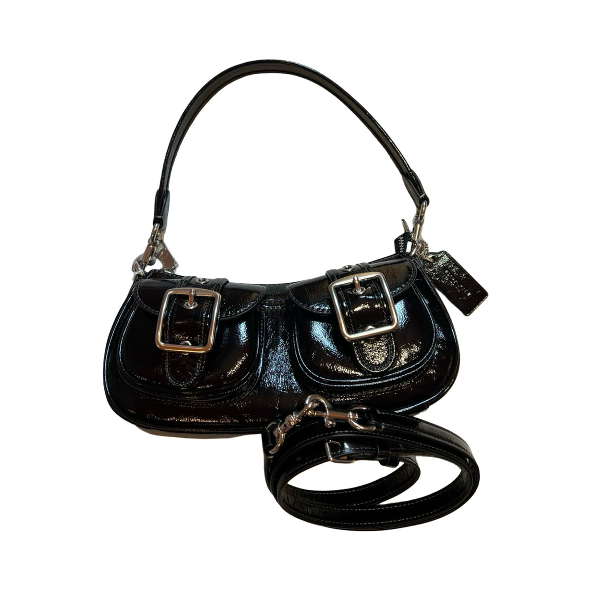 coach Patent Leather Pocket Hobo Shoulder Bag Black Silver Hardware co31