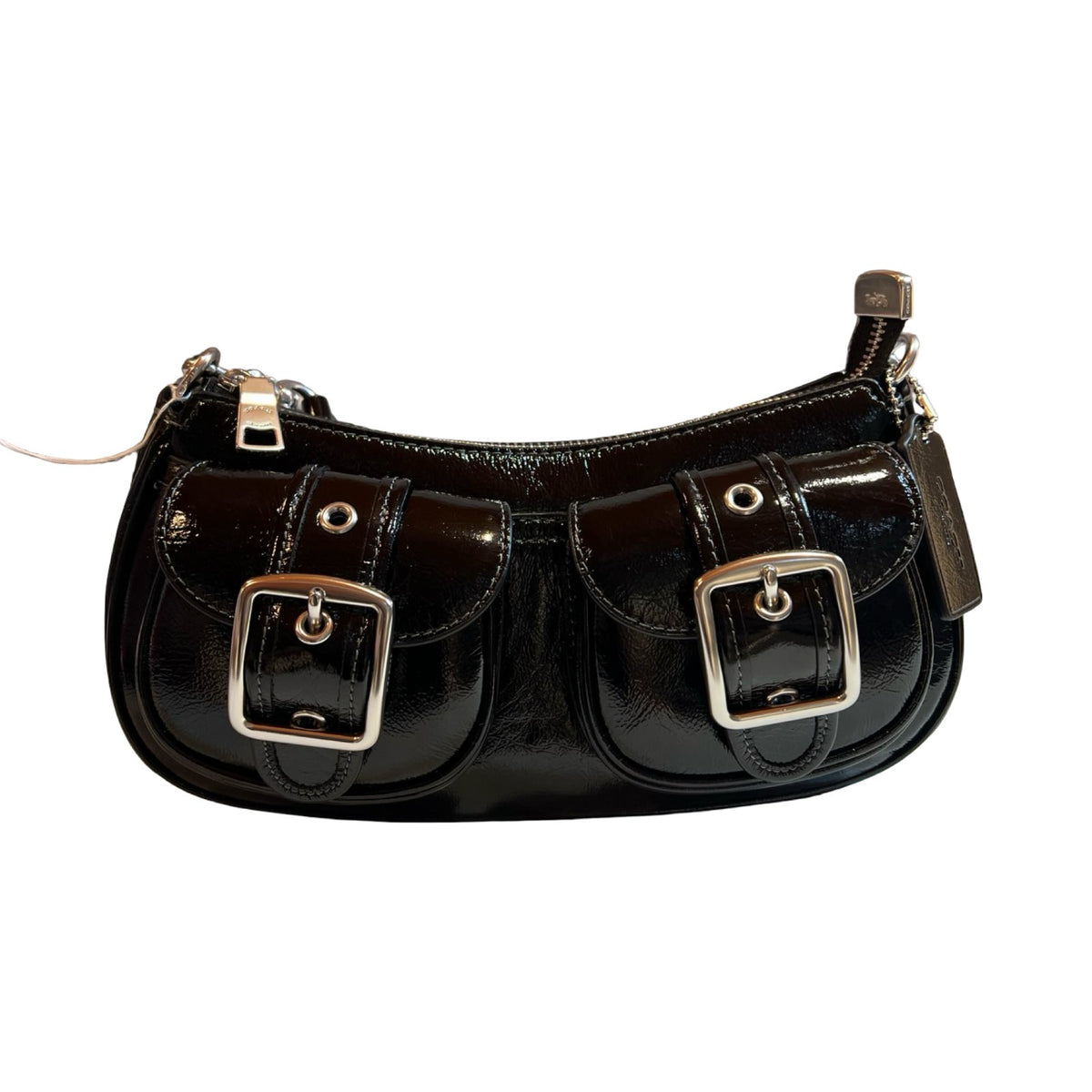 coach Patent Leather Pocket Hobo Shoulder Bag Black Silver Hardware co31